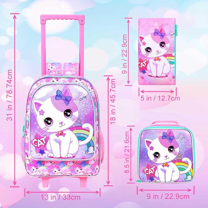 Girls Rolling Backpack, Cute Cat Roller Wheels Kids Bookbag - Wheeled Elementary School Bag - 3PCS Cat