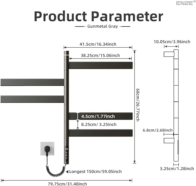 ENZE Smart Rotating Heated Towel Rack for Bathroom, Wall-Mounted Electric Towel Dryer with Swivel Bars, Smart Timer, Low Carbon Steel, IPX5, Plug-in/Hardwired, Towel Warmer with Wi-Fi App Control