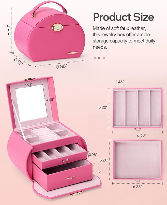 Homde Girls Jewelry Box Jewelry Storage Case Organizer with Mirror for Rings, Earrings, Bracelets, Necklaces (Pink + Gold)