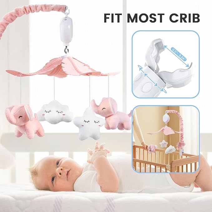 FEISIKE Crib Mobile for Girls Baby Mobiles with 3 Modes Digital Music Box（Turn Only, Music Only, Turn & Music, 35 Lullabies, Pink Elephant Nursery Mobile, Clamp Type, Pretty Box Packaging