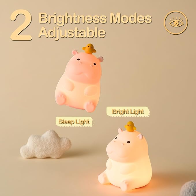 ATSUI Hippo Night Light, LED Squishy Novelty Animal Lamp, Food Grade Silicone, 2 Level Dimmable, Nursery Nightlight for Desk Decor, Funny Gifts Stuff for Boys Girls Baby, White Elephant Gifts