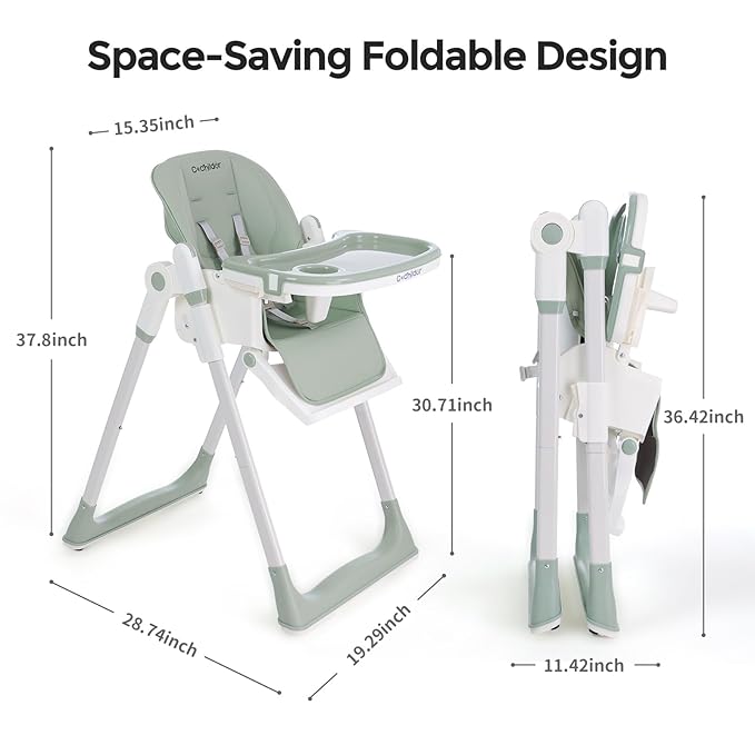 3-in-1 Foldable High Chair for Babies & Toddlers – Adjustable Height, Reclining Seat, 5-Point Safety Harness, Removable Tray, Lockable Wheels, Washable Cushion – Portable & Easy Clean, Green