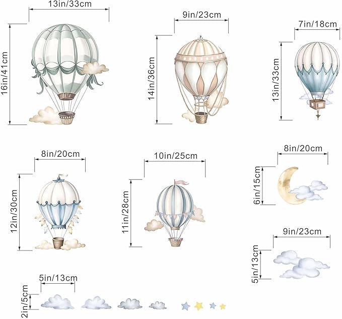 Baby Balloon Wall Stickers for Nursery: Kids Boys Girls Bedroom Wall Decals - Hot Air Balloon Stars Cloud