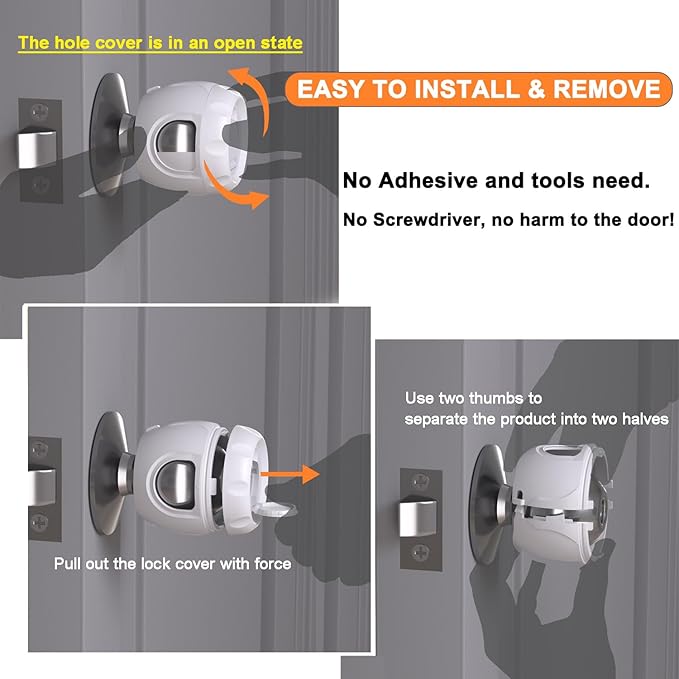 Innovative Door Knob Safety Cover for Kids (4 Pack) New Hidden Holes Covers and Lockable Design Babyproof Door knob Handle Cover - No Screwdriver or Tools Needs