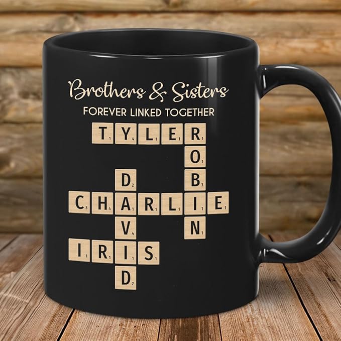 Family Puzzle Mug - Brothers & Sisters Forever Linked Together - Personalized For Family, Sister, Brother, Siblings - Scrabble Coffee Mug - Gifts For Christmas, Birthday, Anniversary