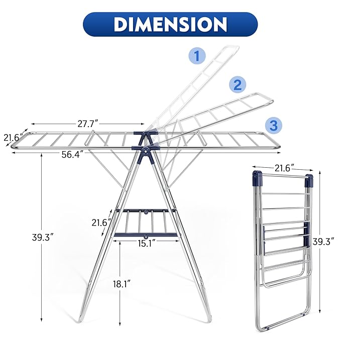 APEXCHASER Clothes Drying Rack, Stainless Steel Drying Rack Clothing with Height-Adjustable, Foldable Gullwings Laundry Drying Rack, Indoor Outdoor Use, No Assembly