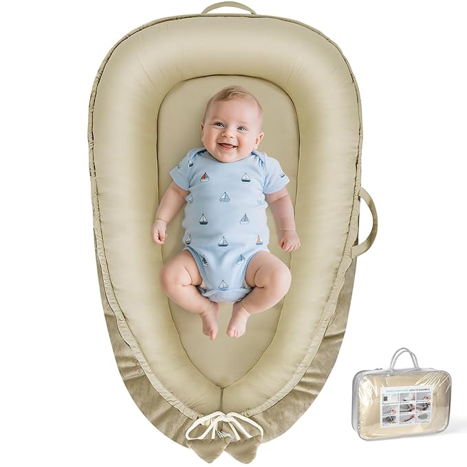 Baby Lounger - Baby Lounger for Newborn 0-24 Months, Breathable & Soft Cotton and Velvet Cover Baby Nest, Portable Tummy Time Lounger for Home and Travel, Ideal Baby Essentials & Shower Gifts