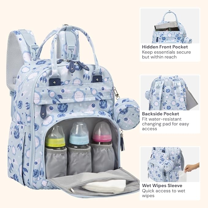 BabbleRoo Diaper Bag Backpack - Baby Essentials Travel Tote - Multi Function Water Resistant Diaper Bag, Travel Essentials Baby Bag with Changing Pad, Stroller Straps & Pacifier Case - Unisex, Cosmic