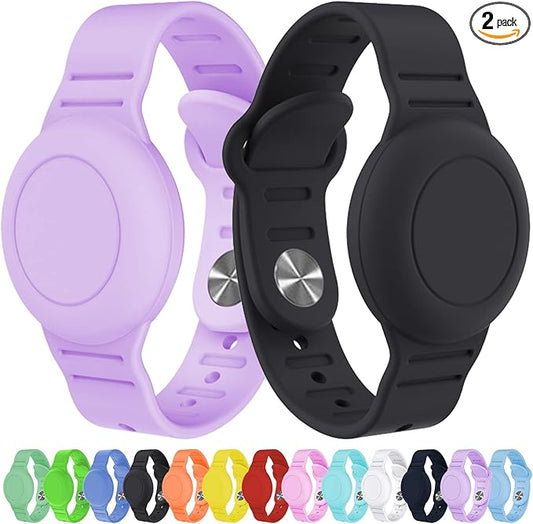 2 Pack Waterproof Bracelet for AirTag Kids, Hidden Silicone Wristband for AirTag, GPS Tracker Case for Air Tag Holder Strap for Child Toddler, Secure Anti-Loss Protection(Purple Black)