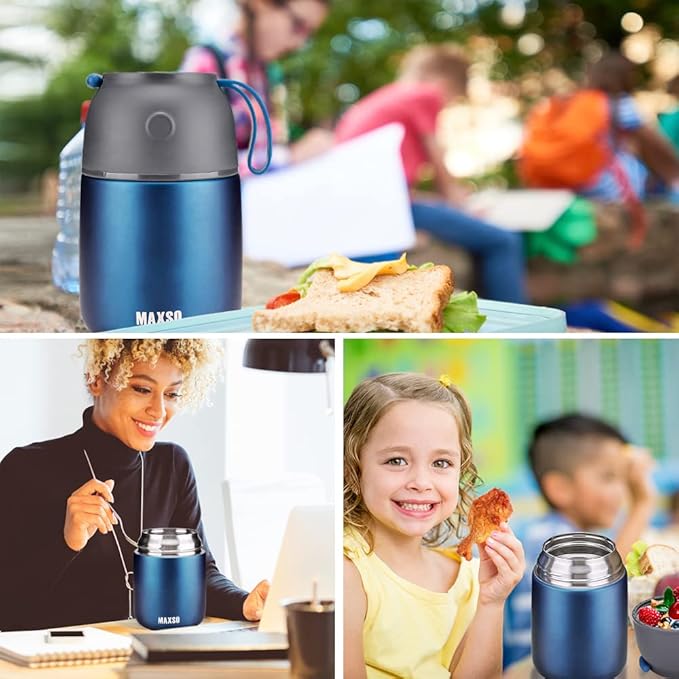 Insulated Thermo Food Jar for Hot & Cold Food for Kids Adult, 17&24 oz Soup Thermal Hot Food Containers for Lunch, Triple Layer Insulation Stainless Steel Food Jar with Spoon (2 Pack Blue)