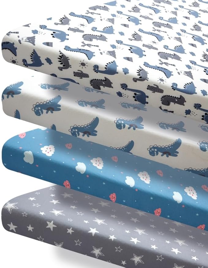 4 Pack Soft Baby Boy Sheets Dinosaur Star Cloud Soft Polyester Neutral Unisex Fitted Sheets Set for Baby Boys