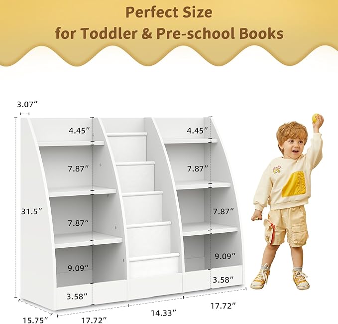 4 Tier Kids Bookshelf Set of 2, 4 Layer Sling Kids Book Shelf for Kids Rooms, XL Wood Children Bookcase,Baby Storage Book Rack,Toddler Bookshelf, Book and Toy Organizer,Book Display Shelf for Nursery