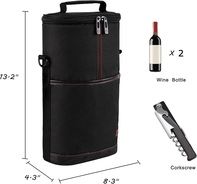 ALLCAMP 2 Bottle Wine Tote Carrier - Insulated Portable Padded Canvas Wine Bag for Travel, BYOB Restaurant, Wine Tasting, Party, Great Christmas Day Gift for Wine Lover，Black
