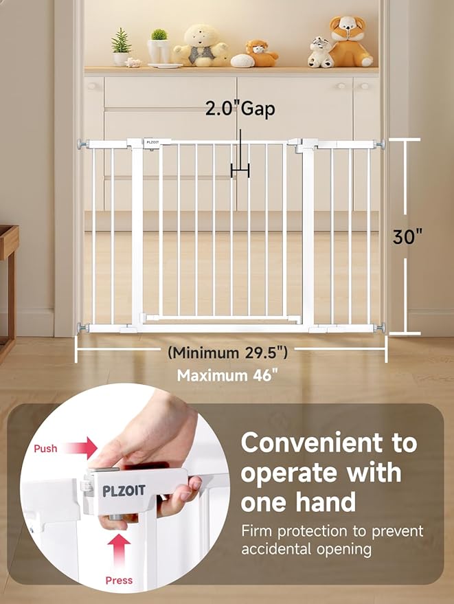 Baby Gate for Stairs, 30'' Tall 29.5-46" Extra Wide Dog Gate for Stairs Walk Thru Auto Close Metal Pet Gate for The House, Stairs and Doorways Child Gate Pressure Mounted Safety Gate Indoor - White