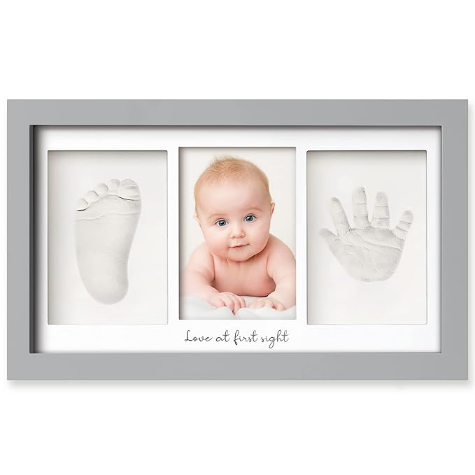 Baby Hand and Footprint Kit - Clay Handprint Keepsake Frame, Newborn Nursery Picture Frame, Personalized New Mom Gifts for Baby Shower & Registry (Cloud Gray)