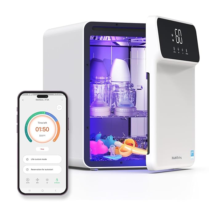 HubiBaby 4-in-1 UVC Cleaner and Dryer for Baby Bottles XL Large Inner Capacity Multifunctional Smart Control with Bluetooth APP