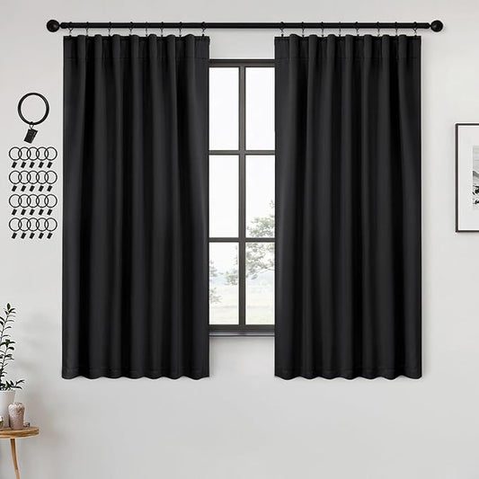 ANRODUO Back Tab Blackout Curtains for Bedroom Living Room, Rod Pocket Pinch Pleated Thermal Insulated Room Darkening Curtains 72 Inches Long 2 Panels, Black, 42 x 72 Inch