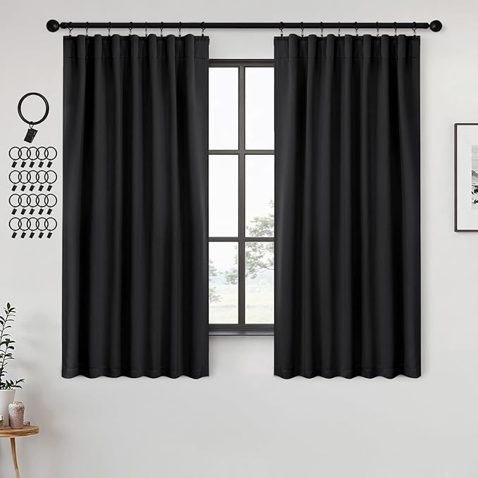 ANRODUO Back Tab Blackout Curtains for Bedroom Living Room, Rod Pocket Pinch Pleated Thermal Insulated Room Darkening Curtains 54 Inches Long 2 Panels, Black, 42 x 54 Inch