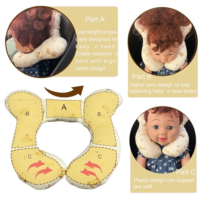 Baby Head Rest Pillow for Stroller Cartoon Neck Chin Support Pillows for Infants Toddler Neck Protection Cushion for Travelling, Music Bear