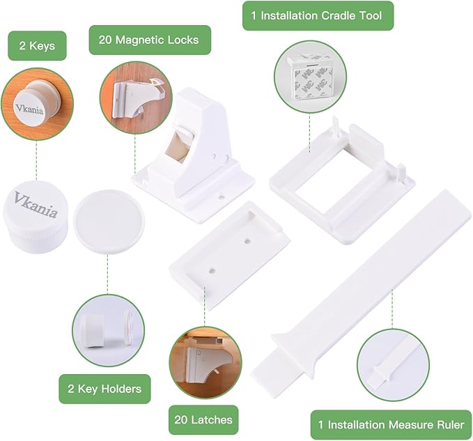 20 Pack Vkania Magnetic Cabinet Locks Baby Proofing - Baby Safety Latches for Drawers and Cabinets -Easy Installation No Drilling