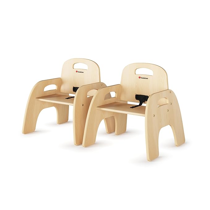 Foundations Simple Sitter Low Wood Feeding Chairs Multipack, Wide No-Tip Base, Adjustable Safety Harness, Stackable Wood Toddler Chairs with Food Service Grade Finish, 2 Pack (9 inch)