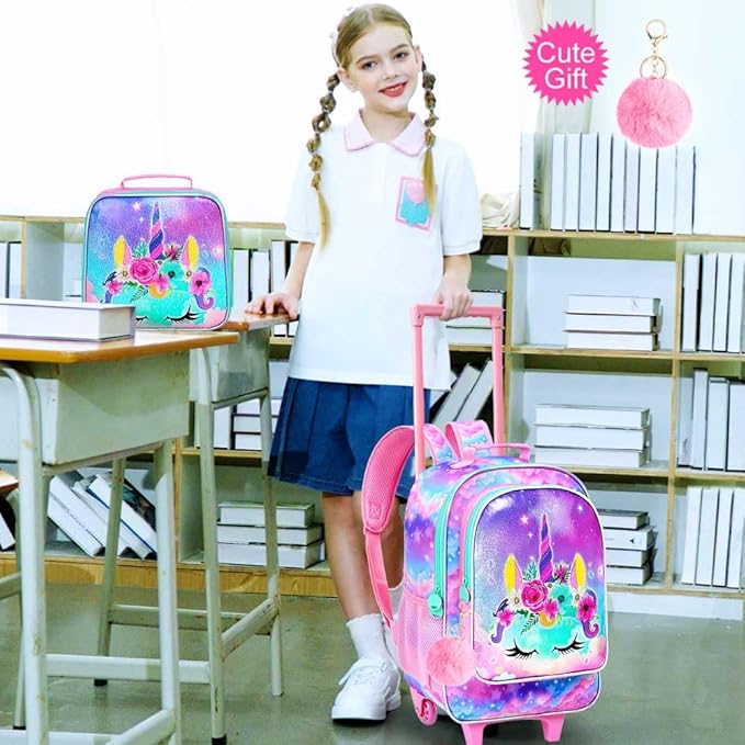 Girls Rolling Backpack, Cute Unicorn Roller Wheels Kids Bookbag - Wheeled Elementary School Bag - 3PCS Unicorn