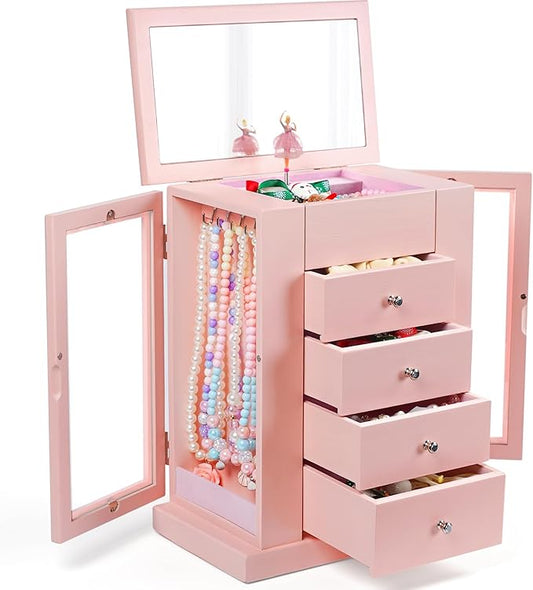 Jewelry Box for Girls, Musical Jewelry Box with Spinning Dancer Gifts for Little Girls Christmas New Year Birthday Children's Day, 5 Layer Large Wooden Kids Music Jewelry Organizer Box(Pink)
