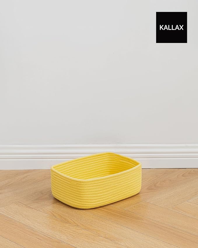 KALLAX Small Woven Basket, 12 x 8 x 4.5 Inches, Storage Basket for Organizing, Cute Small Rope Shelf Closet Cube Storage Bins Baskets for Shelves, Dog Toy Gift Baskets Empty, 3 Pack Yellow