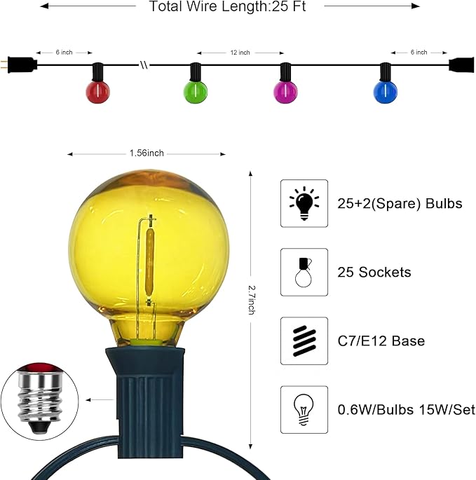 G40 LED Outdoor String Lights，25Ft Globe Multicolor Christmas Decorations String Lights with 27 Shatterproof LED Bulbs, Hanging Outdoor Patio Lights for Outside Backyard Porch Balcony Party- Black