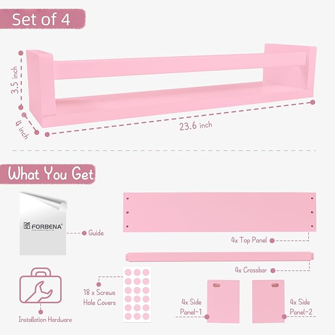 Forbena Large Pink Kids Book Shelves for Girls Room Wall Set of 4, Floating Nursery Book Shelf for Baby Girl Deocr, 24 Inches Long Wall Mounted Bookshelf for Toddler Kid Child Teens Bedroom (Pink)