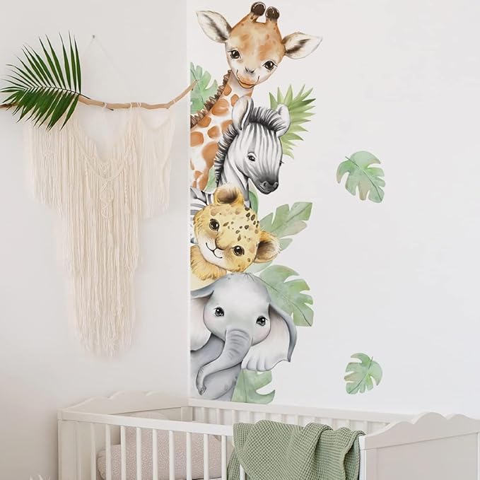 44.88 x 11.75 Inch Watercolor Jungle Animal Wall Decals - Forest Safari Elephant Lion Monkey Stickers for Baby Nursery, Playroom, Bedroom, Classroom, Kindergarten Decor