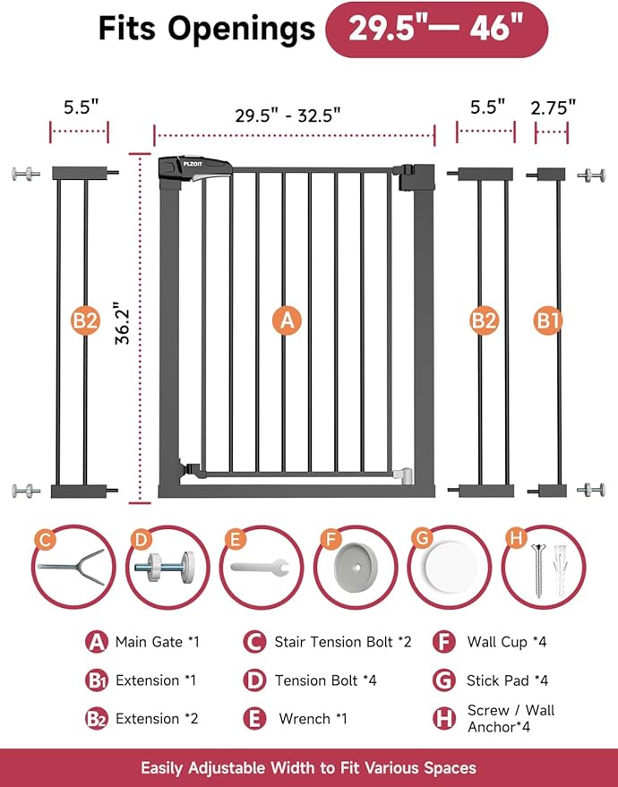 36.2" Extra Tall Baby Gate for Stairs, 29.5-46" Wide Dog Gate for Doorways, Walk Thru Auto Close Metal Child Gate for The House, Stairs and Doorways, Pet Gate Pressure Mounted Dog Gate Indoor (Black)