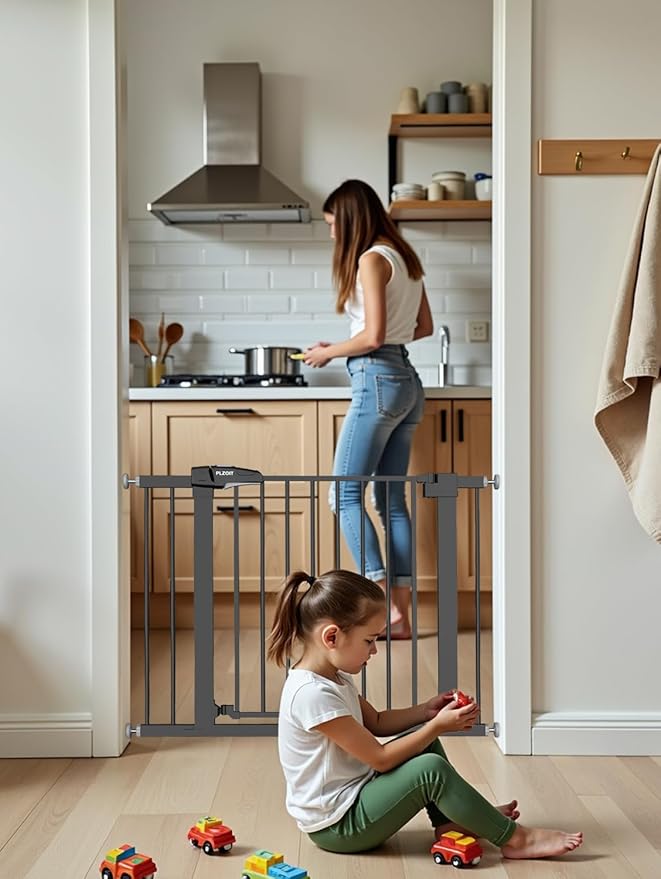 Baby Gate for Stairs, 29.5-40.5" Dog Gate for Doorways, Walk Thru Auto Close Metal Child Gate for The House, Stairs and Doorways, Pressure Mounted Pet Gate for Dog Indoor (Black)