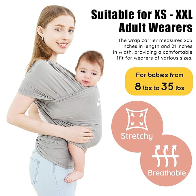 Acrabros Baby Wrap Carrier,Hands Free Baby Carrier Sling,Lightweight,Breathable,Softness,Perfect for Newborn Infants and Babies Shower Gift,Grey