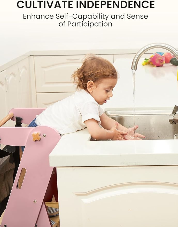 GROWNSY Foldable Step Stool Toddler Tower, Toddler Kitchen Stool Helper, Collapsible Kids Standing Learning Tower with 3 Adjustable Heights and Safety Net for Kitchen Bathroom Sink Counter (Pink)