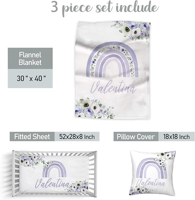 Baby Girl Crib Bedding Sets Personalized with Name – Custom 3-Piece Nursery Set, Rainbow with Floral Flannel Blanket, Crib Fitted Sheet & Pillowcase – Baby Newborn Infant Toddler Shower Gift