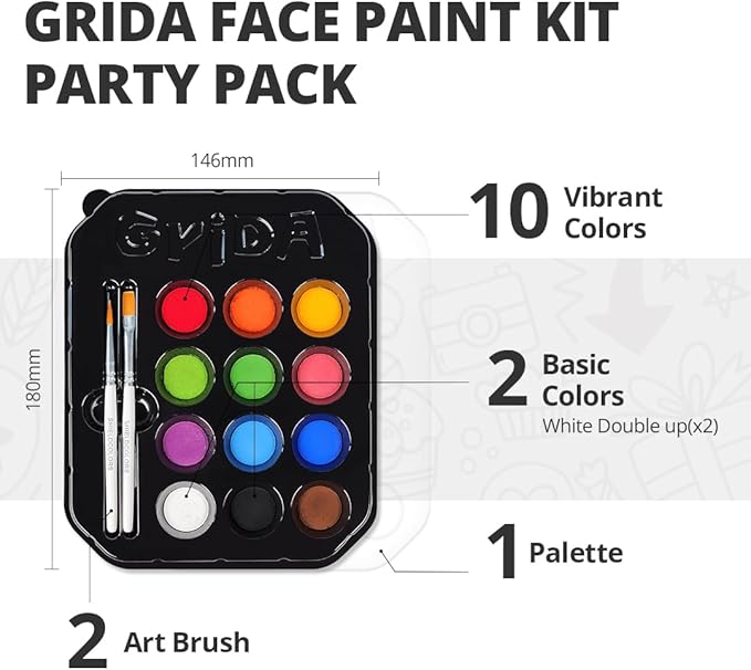 Grida Kids Friendly Face Paint - Professional Party Face Painting Kit for Kids with 12 Vibrant Colors with Double White - Easy to Remove, Vegan, Cruelty-Free Set with Palette & Art Brushes