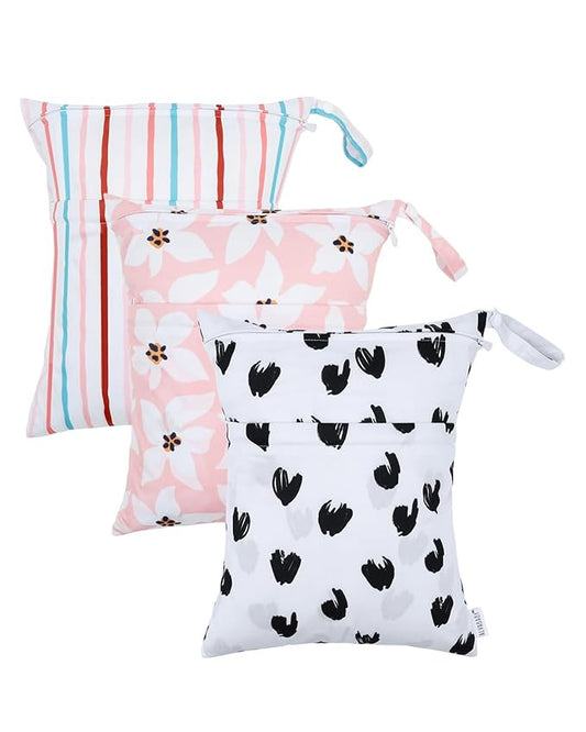 ALVABABY 3 Cloth Diaper Wet Dry Bags Waterproof Reusable with Two Zippered Pockets Travel Beach Pool Daycare Soiled Baby Items Yoga Gym Bag for Swimsuits or Wet Clothes Small Medium Large 3L-ZM26