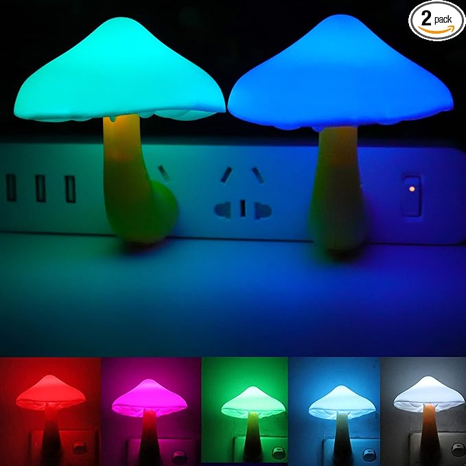 AUSAYE 2Pack LED Night Light Plug in Lamp 7-Color Changing Cute Mushroom Light Sensor Night Lights for Adults Kids NightLight