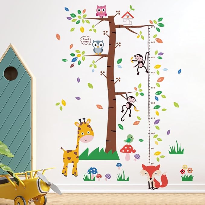 3D Cartoon Animal Height Growth Chart for Kids Wall Stickers Removable DIY Trees and Leaves Wall Stickers Vinyl Flowers Plants and Mushrooms Wall Art Decor for Nursery Kids Bedroom Living Room