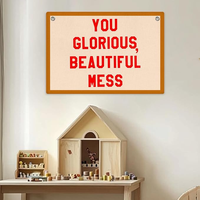 Funny Beautiful Mess Banner Self Care Wall Hanging, Self Love Wall Decor, Funny Gifts Vintage Felt Banner Flag, Wall Flag Living Room Bedroom Office Decor, Banner for Room