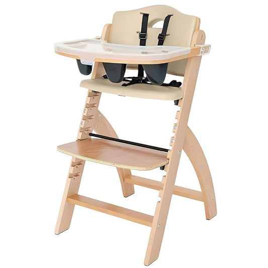 Abiie Beyond Junior Wooden High Chair with Tray - Adjustable and Convertible High Chair for Babies and Toddlers - 6 Months to 250 Lb - Water Resistant - Natural Wood with Beige Cushion
