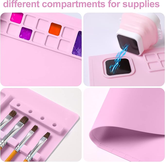AWOKE Silicone Painting Mat for Table Protection - 20"X16" Washable Art Mat with 1 Water Cup for Kids - Craft Mat has 12 Color Dividers - 2 Paint Palettes (Pink), Toddler Activities, Girl Boy Gifts