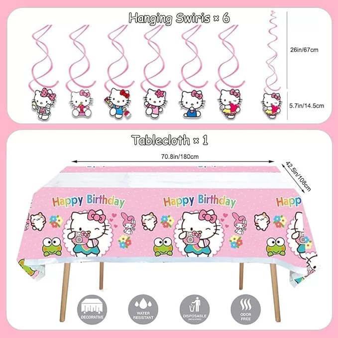 49Pcs - Kitty Birthday Party Decorations Set, Pink Theme with Banner, Balloons, Tablecloth, Cake Toppers.