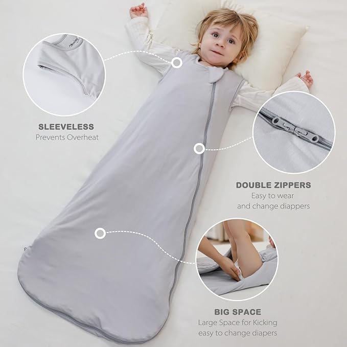 Mosebears Unisex Baby Sleep Sack 1.0 TOG, Supersoft Rayon Made from Bamboo Wearable Blanket with 2-Way Zipper (Light Grey,0-6 Months)