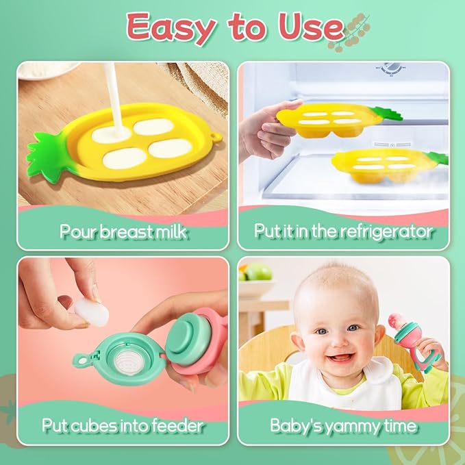 Baby Fruit Food Feeder - Silicone Nibble Tray Combo - Breastmilk Popsicle Mold for Cooling Relief, BPA Free Mesh Feeder for Infant Self Feeding (Robot Pink + Pineapple)