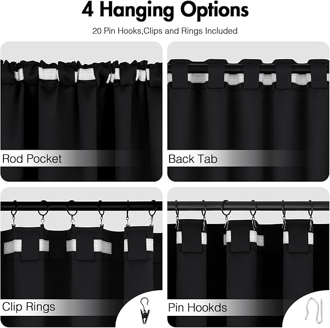 ANRODUO Back Tab Blackout Curtains for Bedroom Living Room, Rod Pocket Pinch Pleated Thermal Insulated Room Darkening Curtains 108 Inches Long 2 Panels, Black, 52 x 108 Inch
