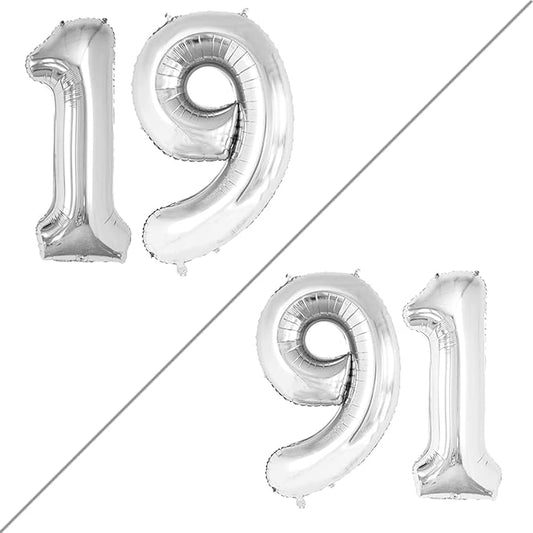 GOER Number 19 Balloons for 19th Birthday Sweet 19 Party Decorations,42 Inch Jumbo Foil Helium 91 Balloons for 91st Birthday Party Decoration (Silver)