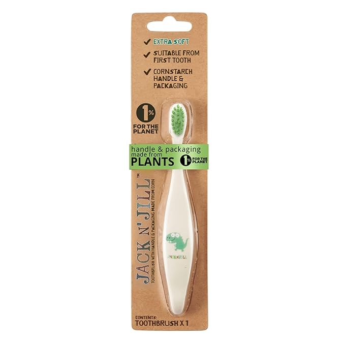 Jack N' Jill Kids Toothbrush - Extra Soft Bristle Toothbrush for Kids, Handle & Packaging Made from Plants (Corn), Ergonomic Handle for Little Hands - Dino Baby (1 Pack)