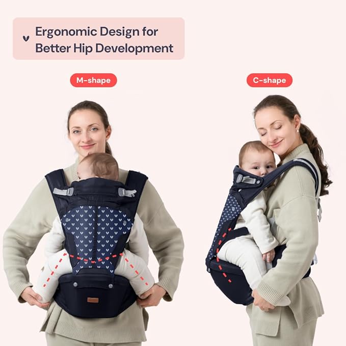 BabbleRoo Grow Carrier – Safety-Certified 6-in-1 Baby Carrier with Hip Seat, Ergonomic & Adjustable Toddler Carrier 7-50 lbs with Hip Support, Hood for Sun Protection, Newborn to Toddler, Navy Hearts
